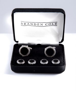 Round silver and black cufflink and stud set