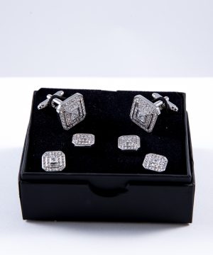 Silver concentric square Cufflink and button stud set with CZ