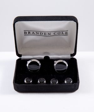 Round Silver Collar with Black Epoxy Center Cufflink and Stud Set