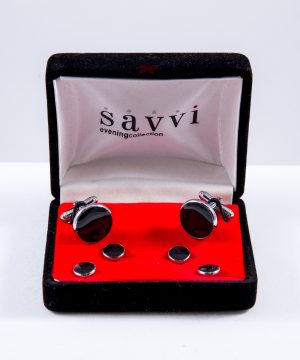 Round Silver with Black Epoxy Center Cufflink and Stud Set