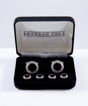 Round Silver Triple Rope Edge with Black Epoxy Center Cufflink and Stud Set