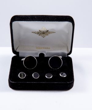 Round Silver with Black Epoxy Center Cufflink and Stud Set