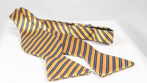 Silk 2.5" yellow bow tie with light blue stripes, untied