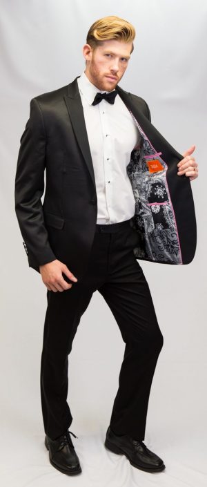Tallia Orange Label Poly Dinner Jacket, Black with black dots and Satin Lapel, Modern Fit